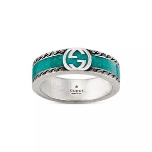 Gucci Turquoise Enamel Sterling Silver Interlocking G Ring Size 11